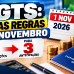 Imagem sobre as novas regras do saque-aniversário do FGTS em novembro de 2026, com redução de cinco para três antecipações anuais.