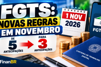 Imagem sobre as novas regras do saque-aniversário do FGTS em novembro de 2026, com redução de cinco para três antecipações anuais.