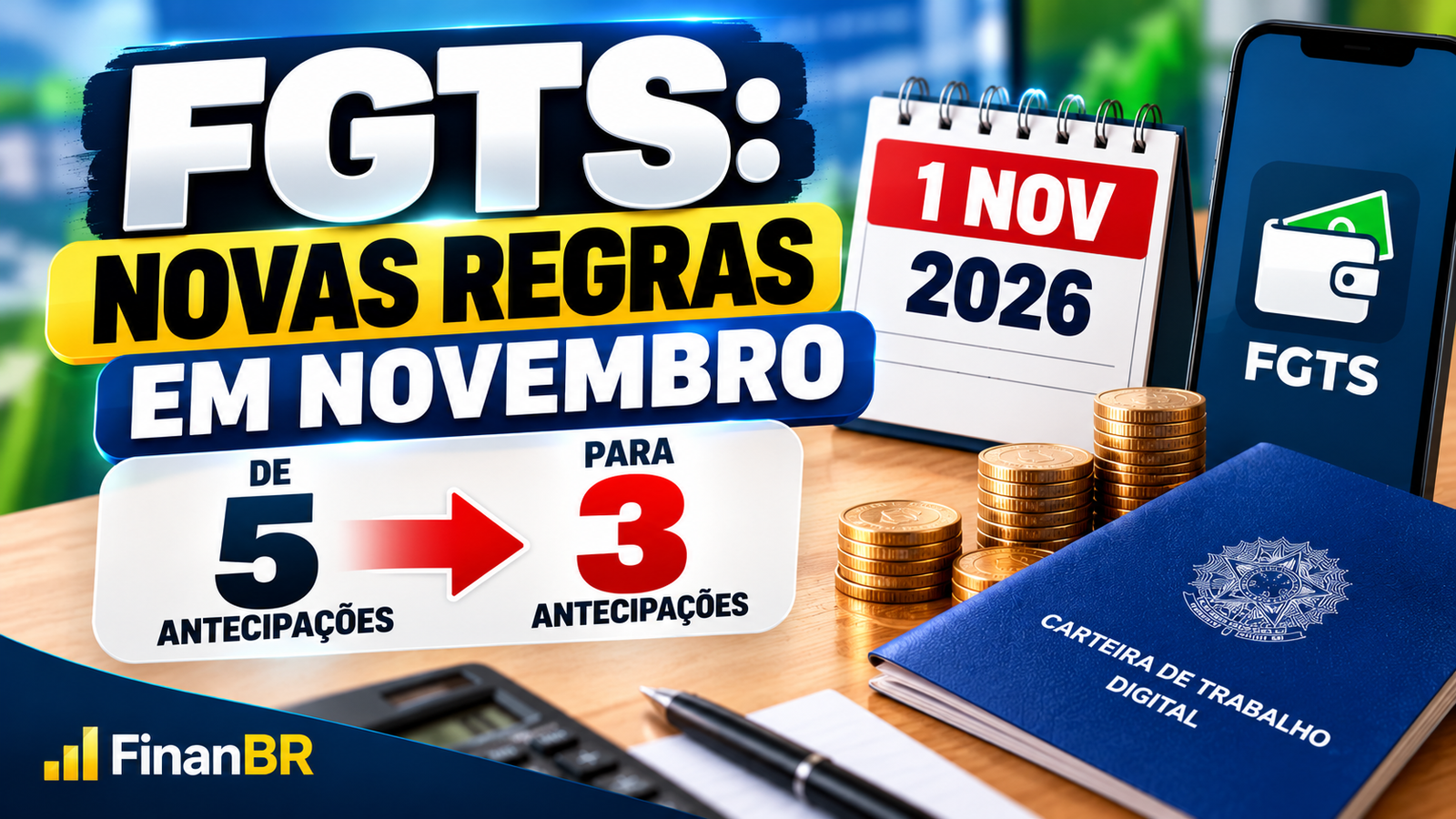 Imagem sobre as novas regras do saque-aniversário do FGTS em novembro de 2026, com redução de cinco para três antecipações anuais.