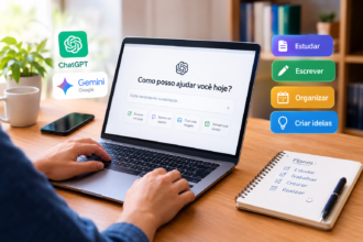 Pessoa utilizando inteligência artificial em um notebook para estudar, escrever e organizar tarefas.