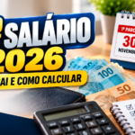 13º salário 2026 com calendário das parcelas, dinheiro, calculadora e informações sobre datas, cálculo e quem tem direito.