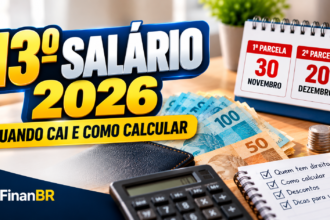 13º salário 2026 com calendário das parcelas, dinheiro, calculadora e informações sobre datas, cálculo e quem tem direito.