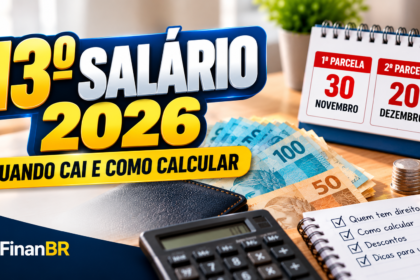 13º salário 2026 com calendário das parcelas, dinheiro, calculadora e informações sobre datas, cálculo e quem tem direito.