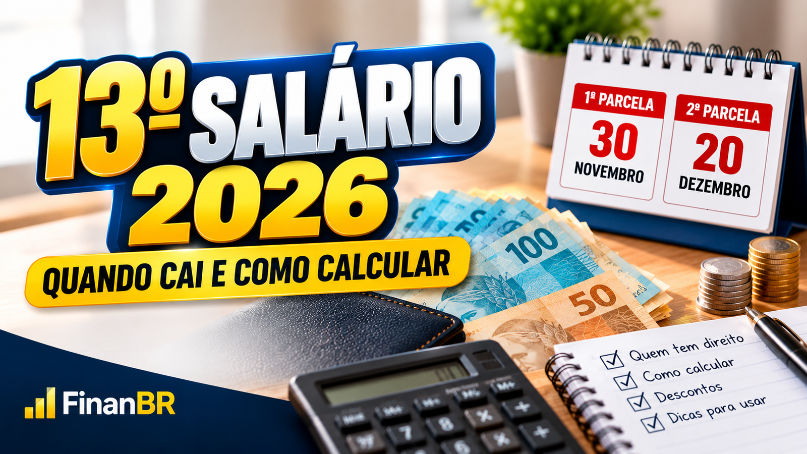 13º salário 2026 com calendário das parcelas, dinheiro, calculadora e informações sobre datas, cálculo e quem tem direito.
